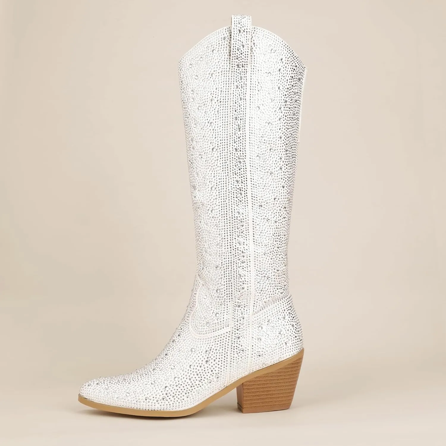 IDIFU IN3 Rhinestone Cowboy Boots For Women Knee High Western Cowgirl Boots Pointed Toe Block Chunky Heels Sparkly Glitter Long Tall Dress Booties Party Bling Shiny Boots