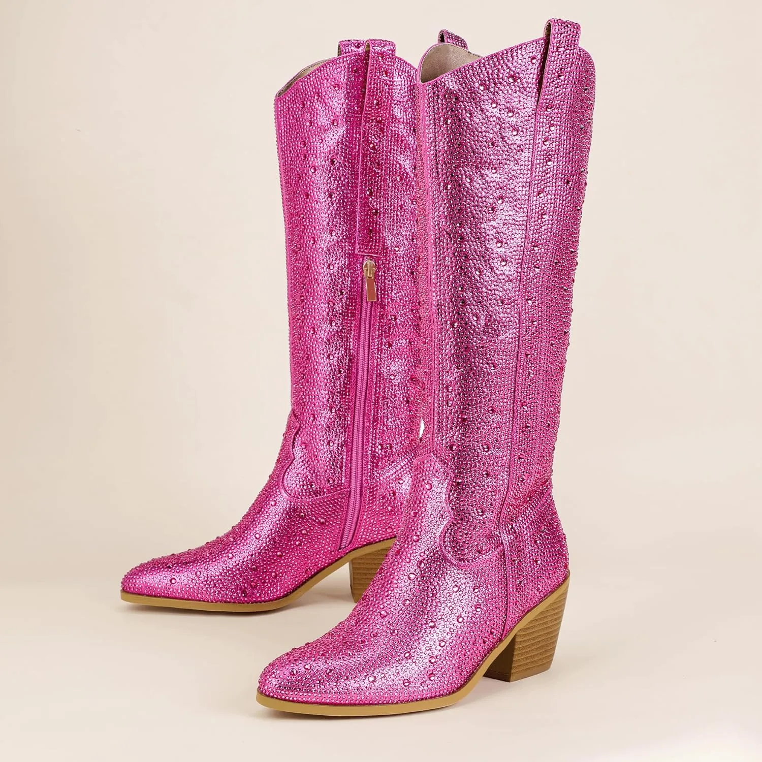 IDIFU IN3 Rhinestone Cowboy Boots For Women Knee High Western Cowgirl Boots Pointed Toe Block Chunky Heels Sparkly Glitter Long Tall Dress Booties Party Bling Shiny Boots