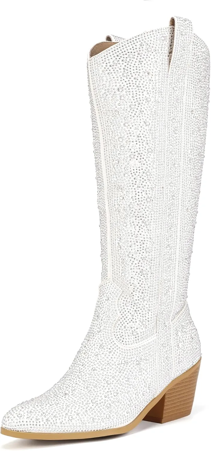 IDIFU IN3 Rhinestone Cowboy Boots For Women Knee High Western Cowgirl Boots Pointed Toe Block Chunky Heels Sparkly Glitter Long Tall Dress Booties Party Bling Shiny Boots