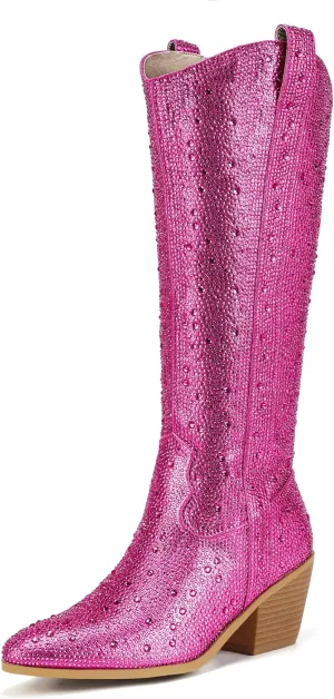 IDIFU IN3 Rhinestone Cowboy Boots For Women Knee High Western Cowgirl Boots Pointed Toe Block Chunky Heels Sparkly Glitter Long Tall Dress Booties Party Bling Shiny Boots