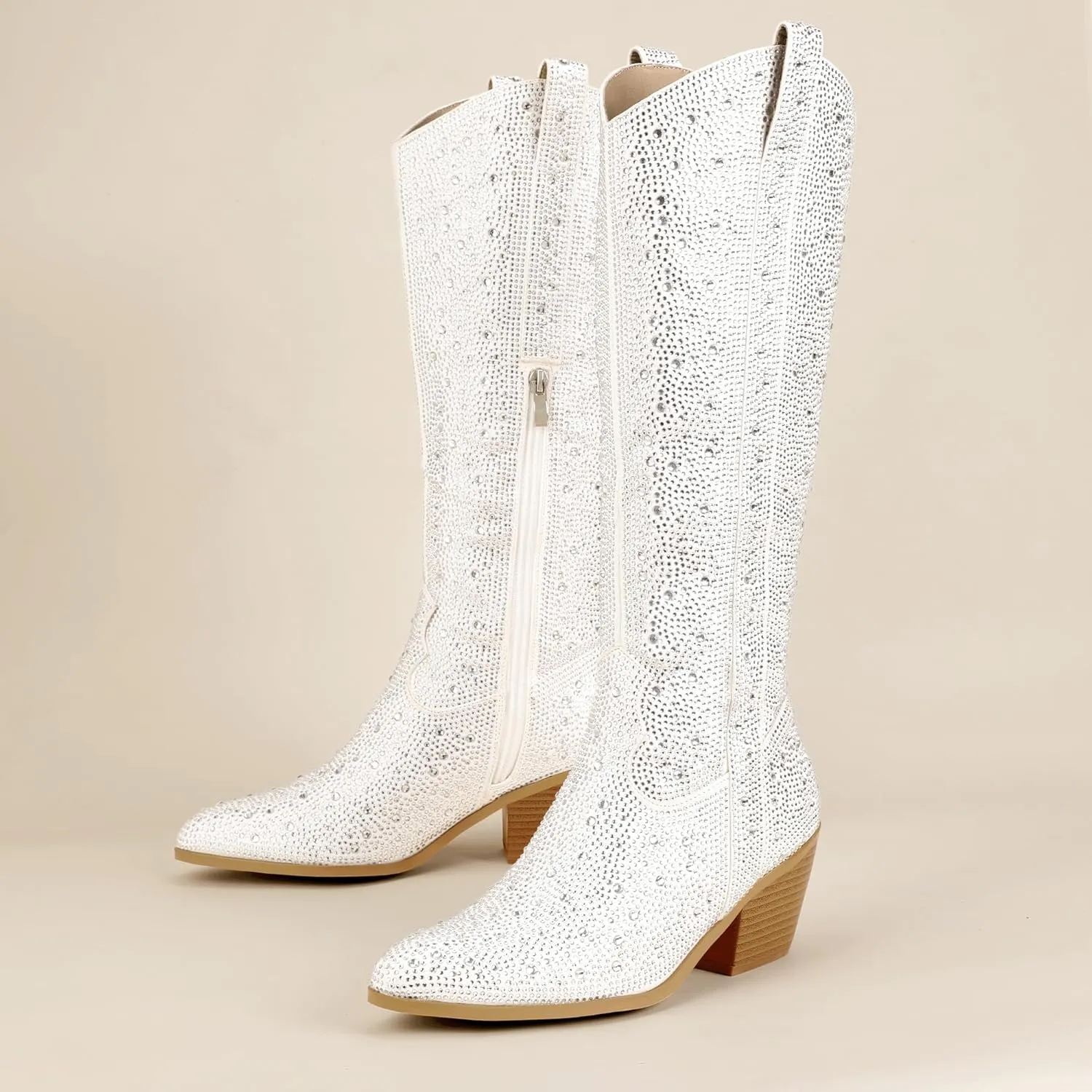 IDIFU IN3 Rhinestone Cowboy Boots For Women Knee High Western Cowgirl Boots Pointed Toe Block Chunky Heels Sparkly Glitter Long Tall Dress Booties Party Bling Shiny Boots