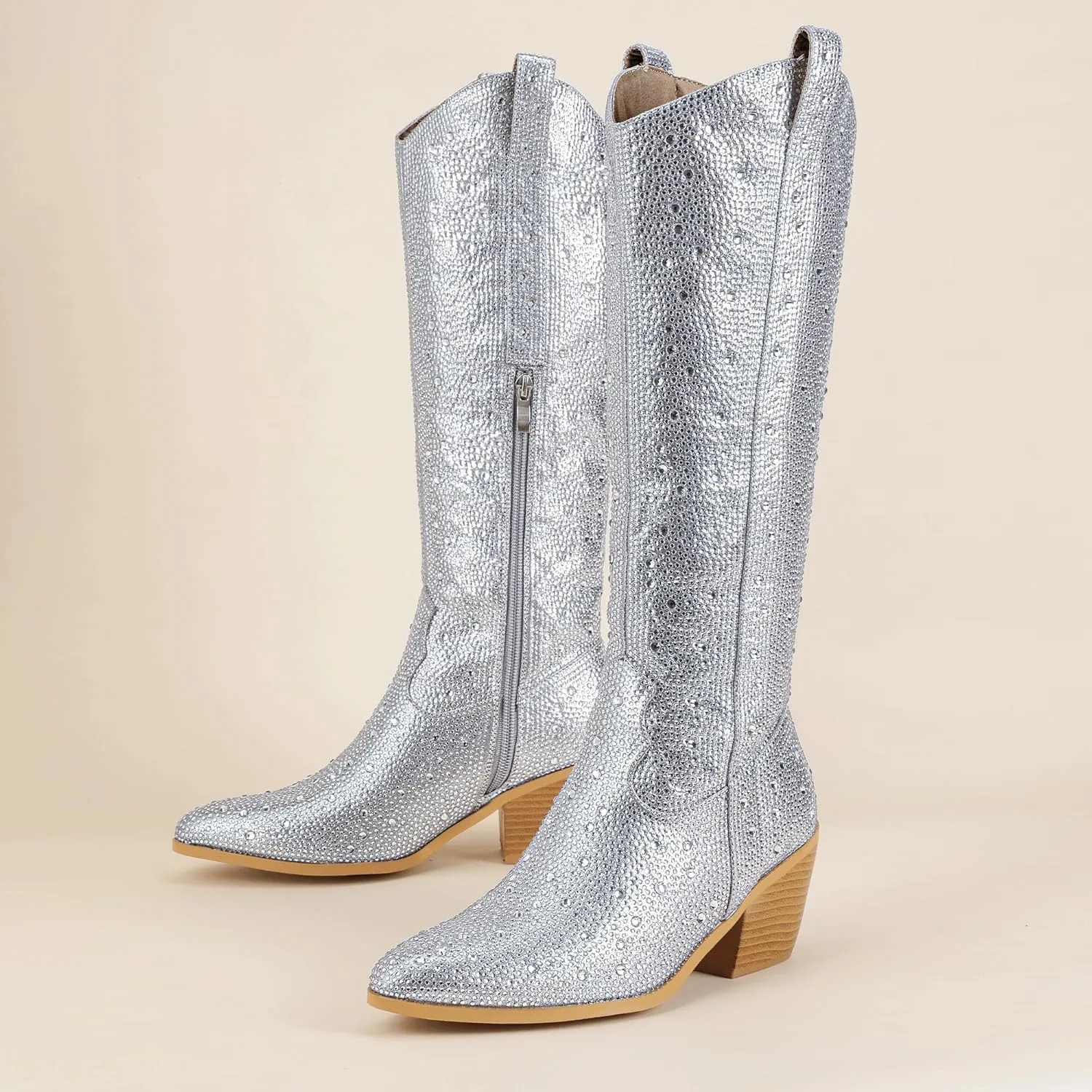 IDIFU IN3 Rhinestone Cowboy Boots For Women Knee High Western Cowgirl Boots Pointed Toe Block Chunky Heels Sparkly Glitter Long Tall Dress Booties Party Bling Shiny Boots