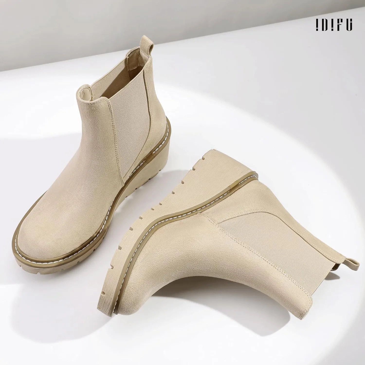 IDIFU IN3 Wedge Chelsea Boots for Women Platform Low Heel Womens Boots Short Lug Sole Round Toe Ankle Boots Fall Dress Fashion Booties Pull On Cute Elastic Heeled Boots