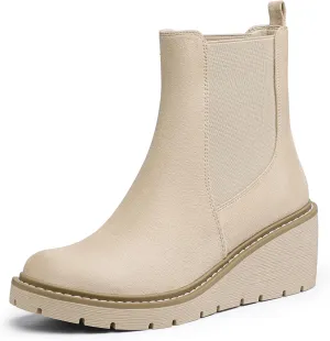 IDIFU IN3 Wedge Chelsea Boots for Women Platform Low Heel Womens Boots Short Lug Sole Round Toe Ankle Boots Fall Dress Fashion Booties Pull On Cute Elastic Heeled Boots