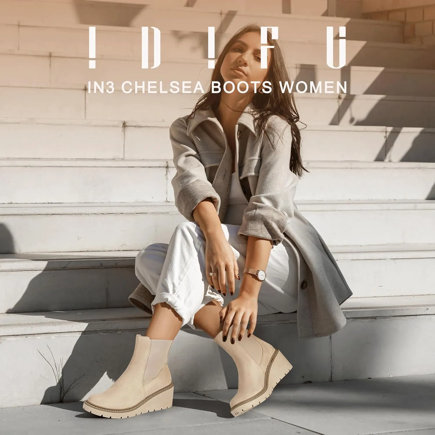 IDIFU IN3 Wedge Chelsea Boots for Women Platform Low Heel Womens Boots Short Lug Sole Round Toe Ankle Boots Fall Dress Fashion Booties Pull On Cute Elastic Heeled Boots