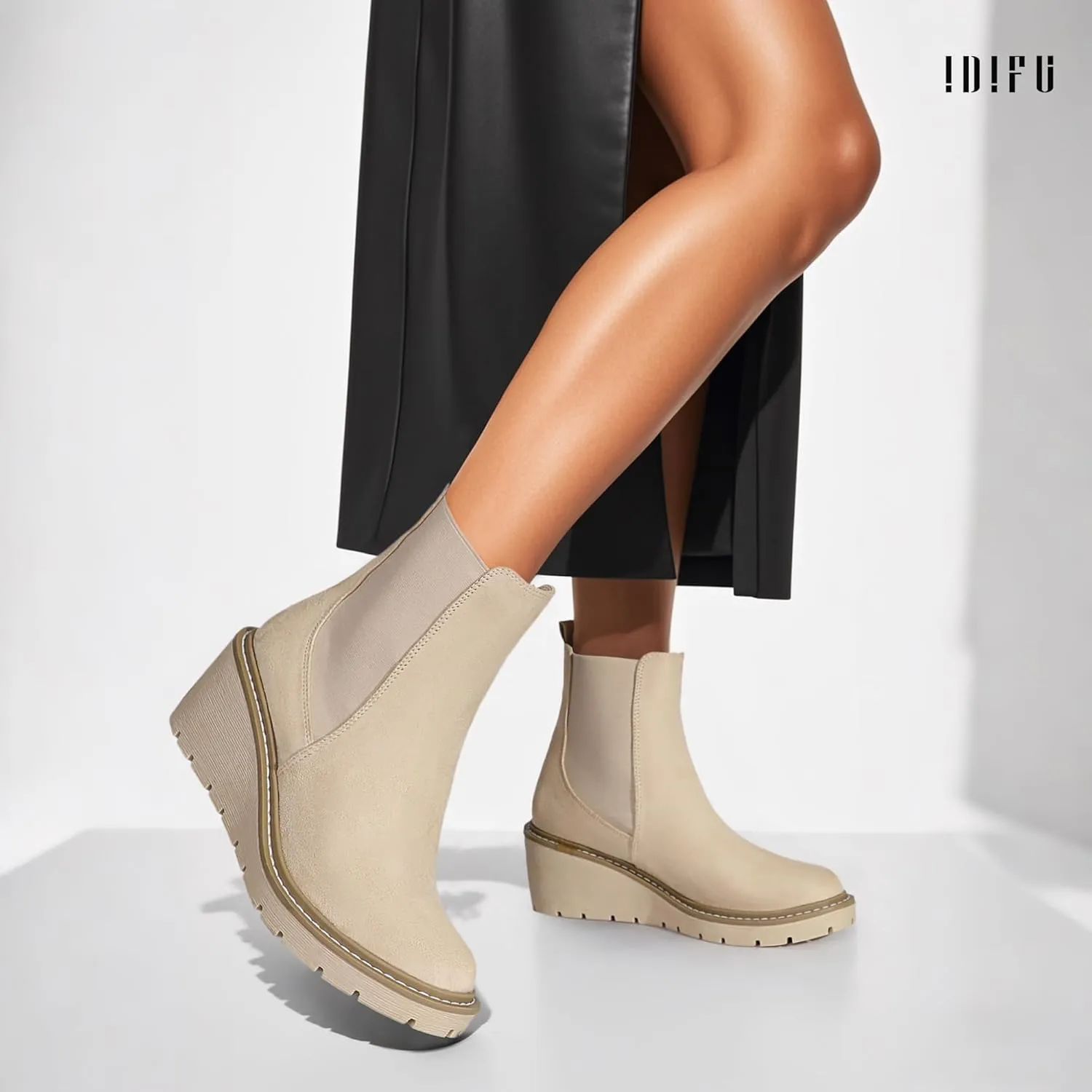 IDIFU IN3 Wedge Chelsea Boots for Women Platform Low Heel Womens Boots Short Lug Sole Round Toe Ankle Boots Fall Dress Fashion Booties Pull On Cute Elastic Heeled Boots