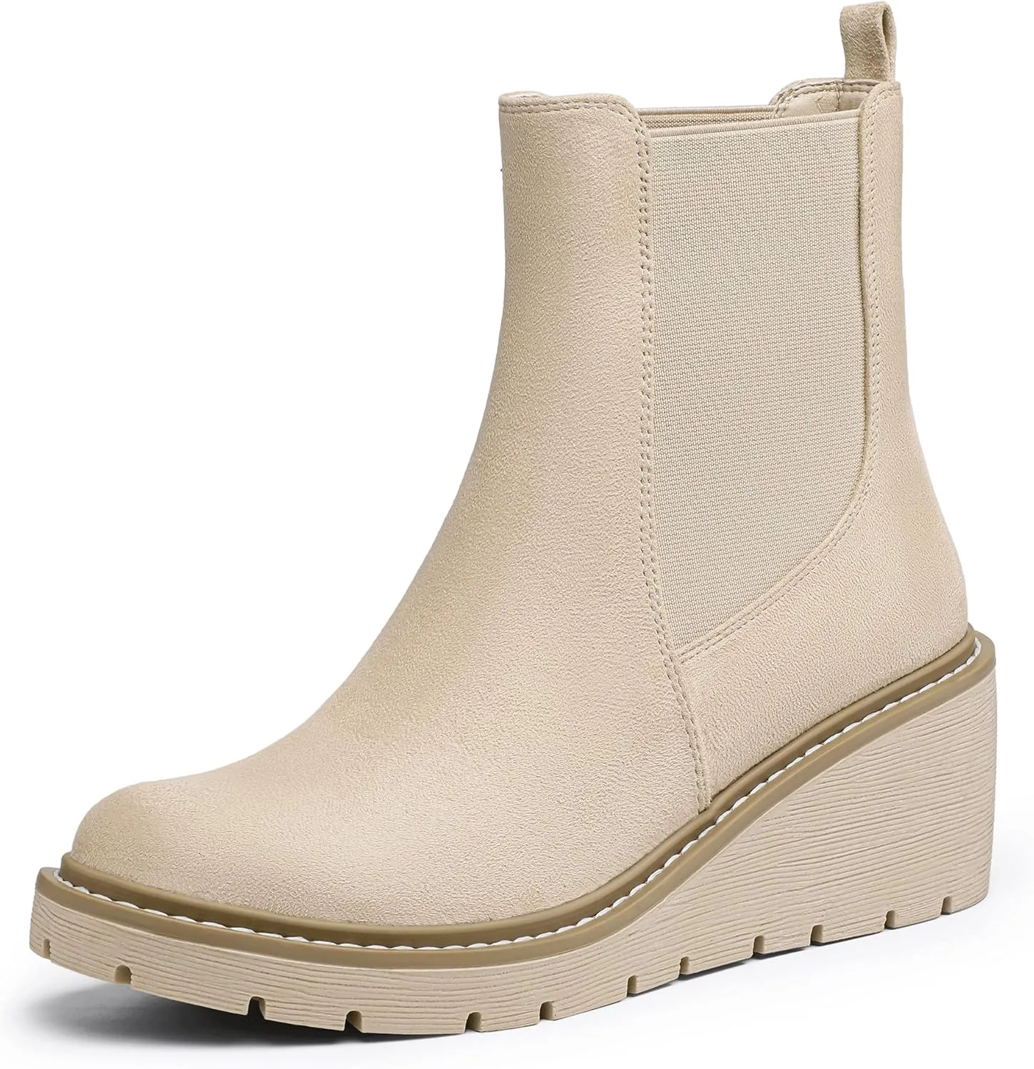 IDIFU IN3 Wedge Chelsea Boots for Women Platform Low Heel Womens Boots Short Lug Sole Round Toe Ankle Boots Fall Dress Fashion Booties Pull On Cute Elastic Heeled Boots