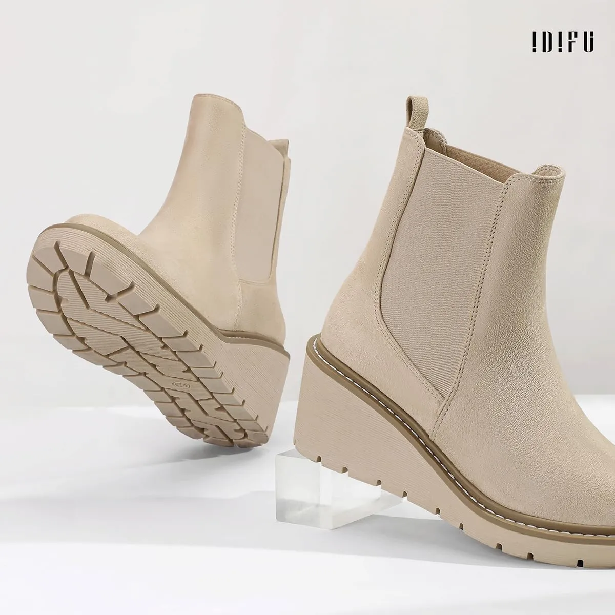 IDIFU IN3 Wedge Chelsea Boots for Women Platform Low Heel Womens Boots Short Lug Sole Round Toe Ankle Boots Fall Dress Fashion Booties Pull On Cute Elastic Heeled Boots