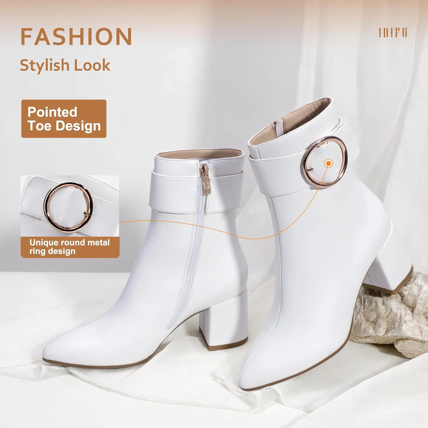 IDIFU Women Dressy Chunky Heel Ankle Boots Pointed Toe Metal Ring Zipper Short Booties -Need Half Size UP