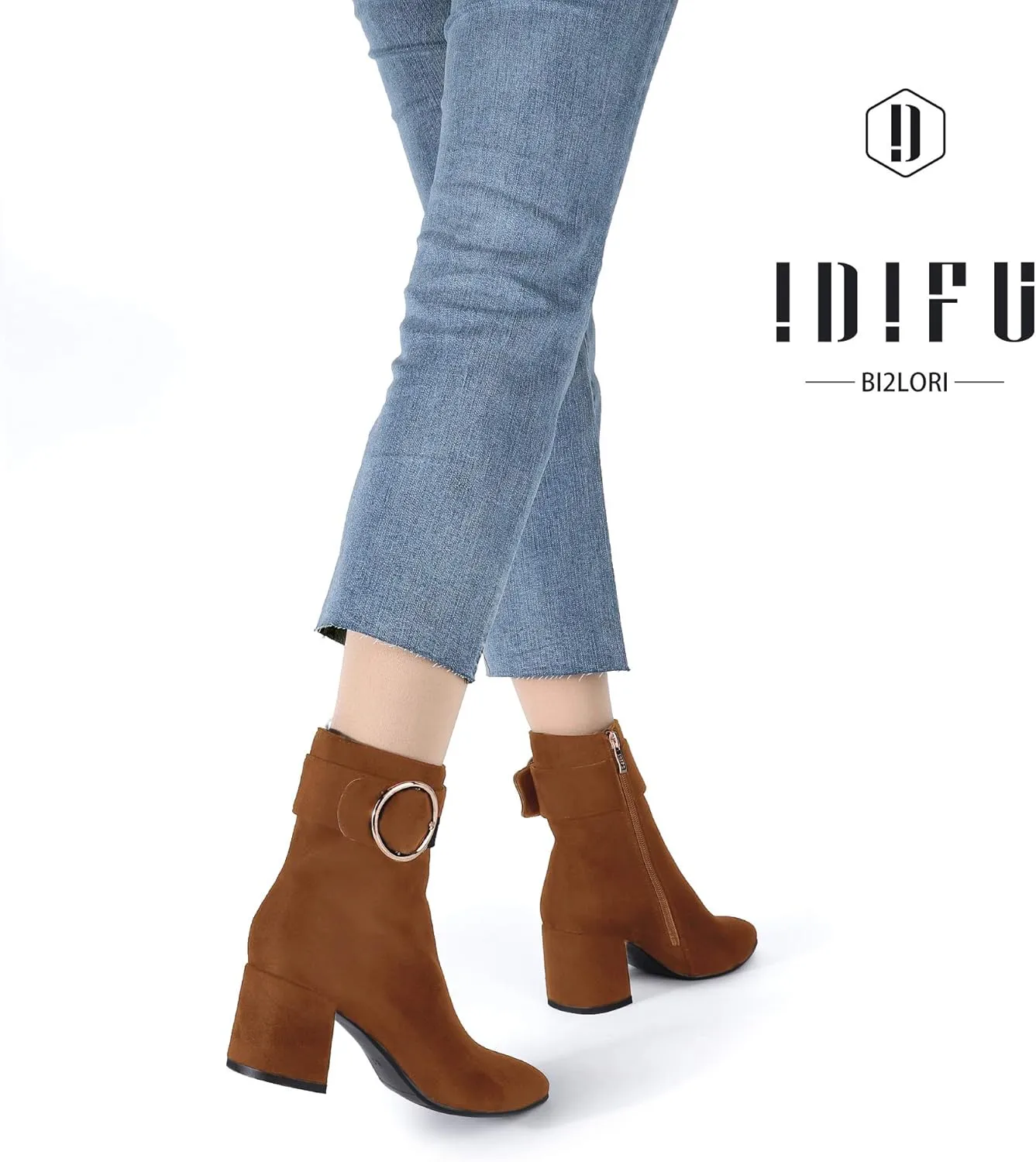 IDIFU Women Dressy Chunky Heel Ankle Boots Pointed Toe Metal Ring Zipper Short Booties -Need Half Size UP