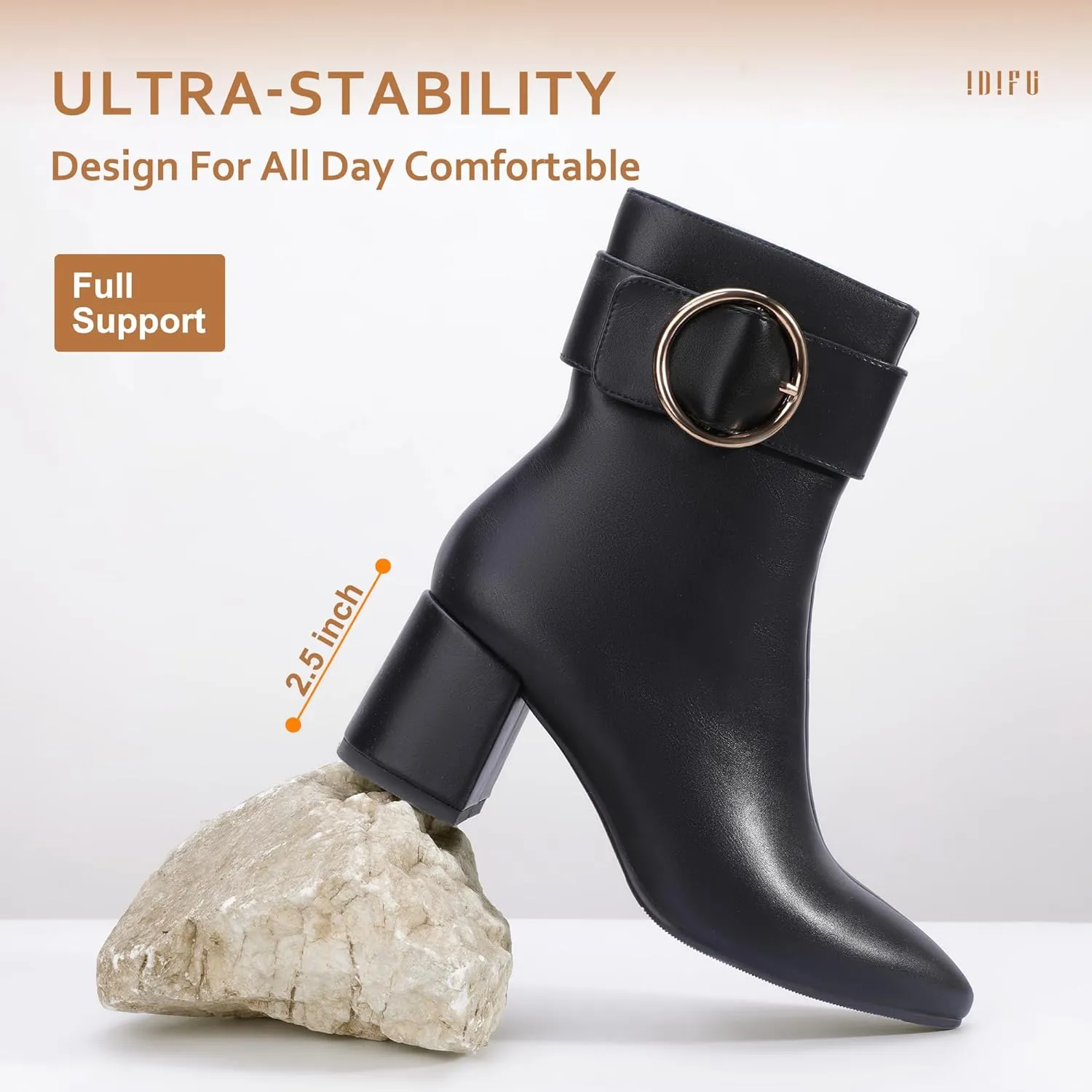 IDIFU Women Dressy Chunky Heel Ankle Boots Pointed Toe Metal Ring Zipper Short Booties -Need Half Size UP