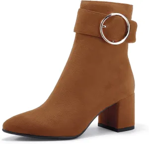 IDIFU Women Dressy Chunky Heel Ankle Boots Pointed Toe Metal Ring Zipper Short Booties -Need Half Size UP