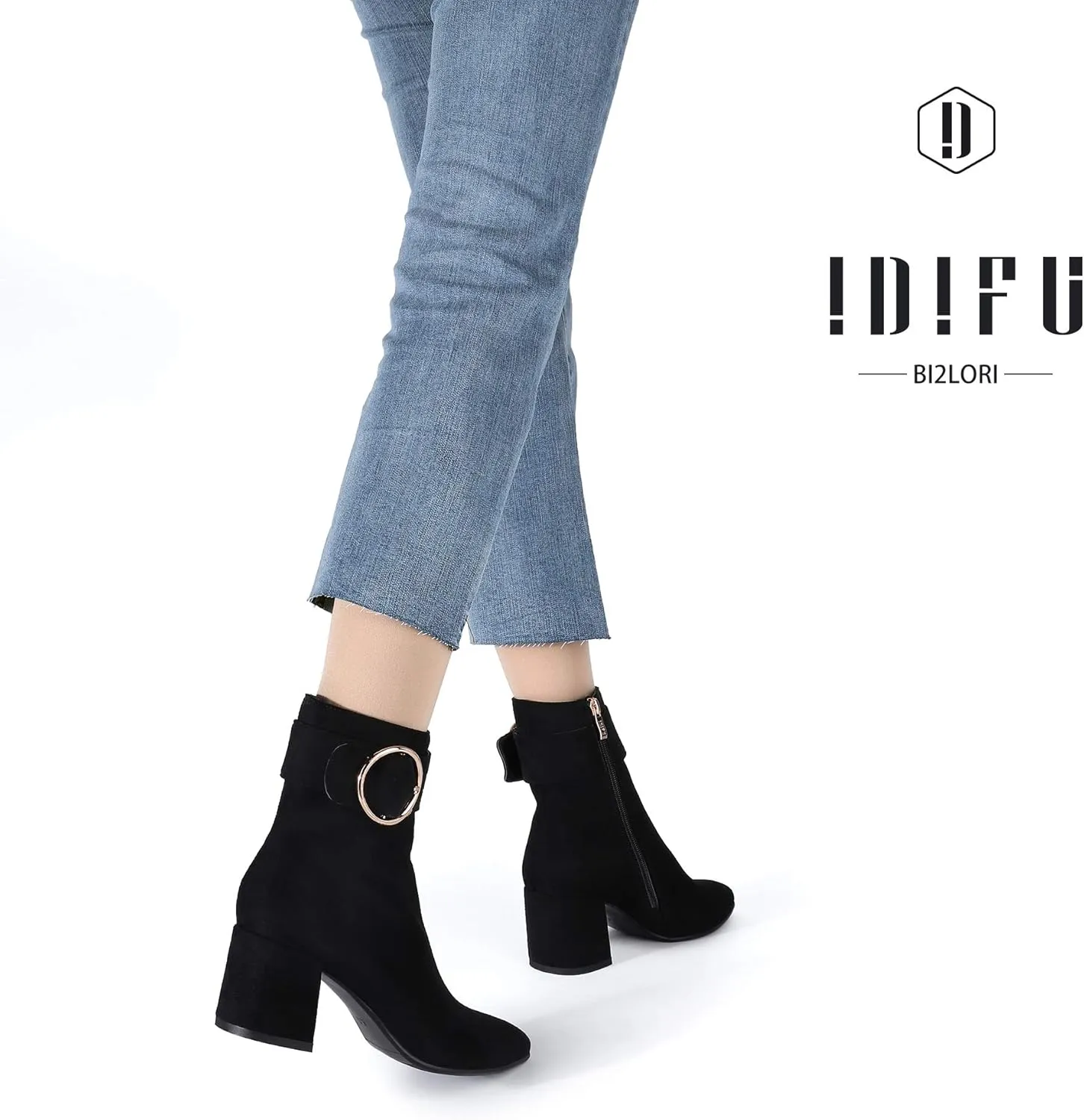 IDIFU Women Dressy Chunky Heel Ankle Boots Pointed Toe Metal Ring Zipper Short Booties -Need Half Size UP