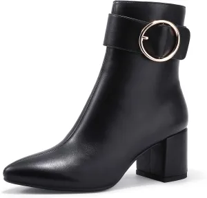 IDIFU Women Dressy Chunky Heel Ankle Boots Pointed Toe Metal Ring Zipper Short Booties -Need Half Size UP