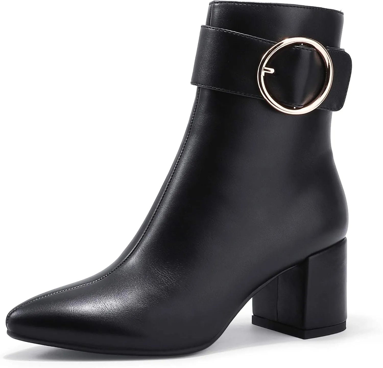 IDIFU Women Dressy Chunky Heel Ankle Boots Pointed Toe Metal Ring Zipper Short Booties -Need Half Size UP