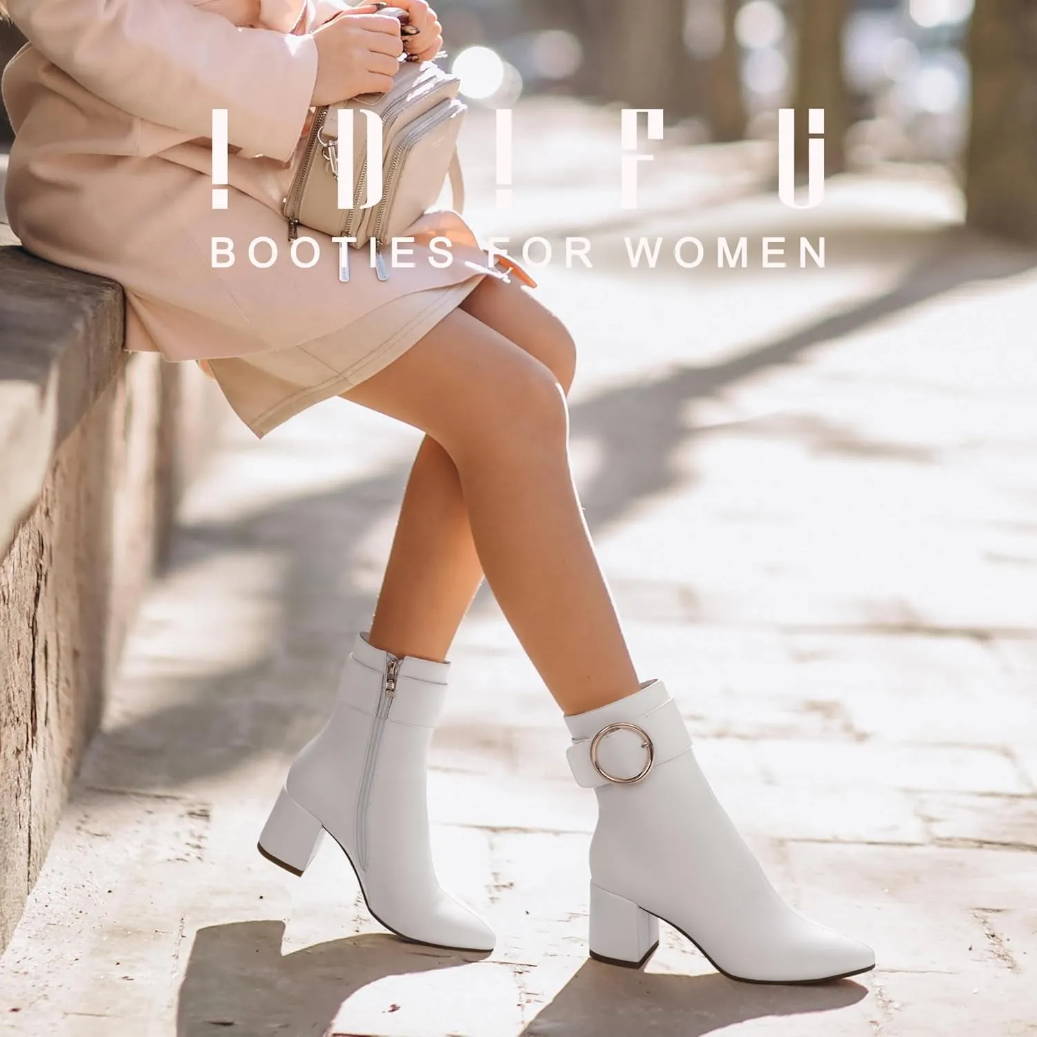 IDIFU Women Dressy Chunky Heel Ankle Boots Pointed Toe Metal Ring Zipper Short Booties -Need Half Size UP