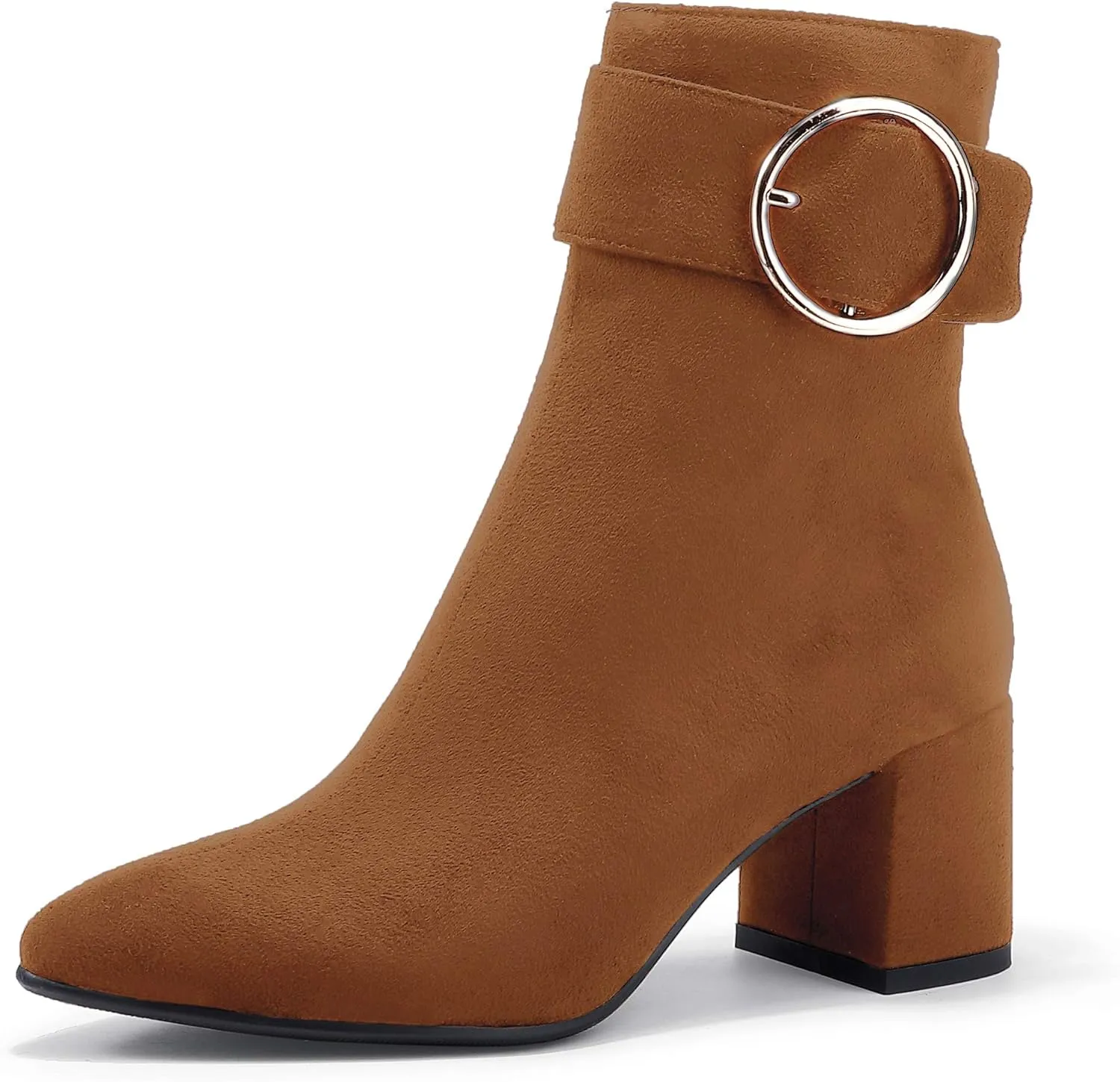 IDIFU Women Dressy Chunky Heel Ankle Boots Pointed Toe Metal Ring Zipper Short Booties -Need Half Size UP