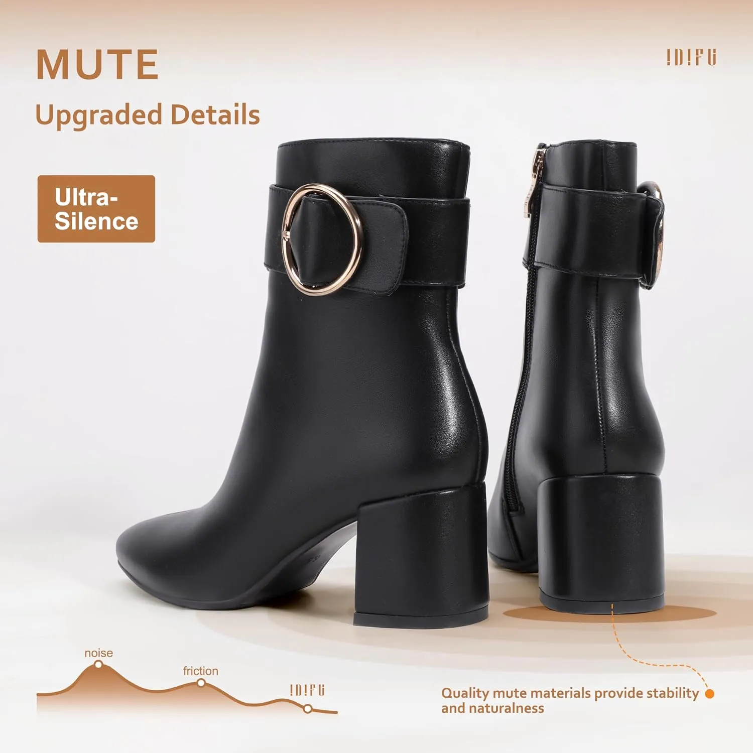 IDIFU Women Dressy Chunky Heel Ankle Boots Pointed Toe Metal Ring Zipper Short Booties -Need Half Size UP