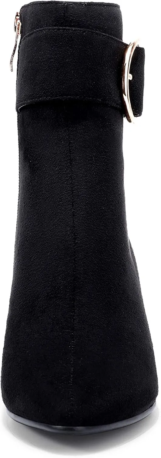 IDIFU Women Dressy Chunky Heel Ankle Boots Pointed Toe Metal Ring Zipper Short Booties -Need Half Size UP