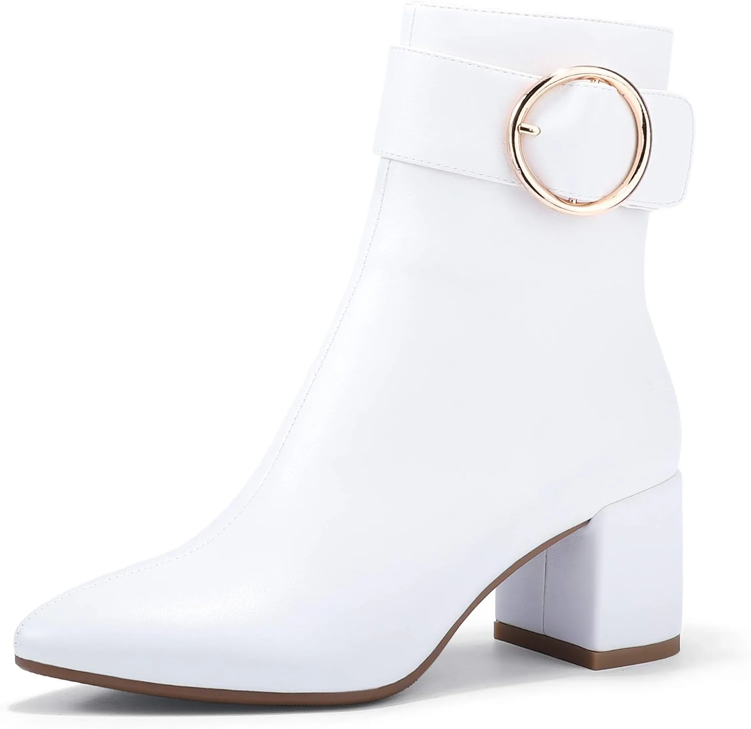 IDIFU Women Dressy Chunky Heel Ankle Boots Pointed Toe Metal Ring Zipper Short Booties -Need Half Size UP