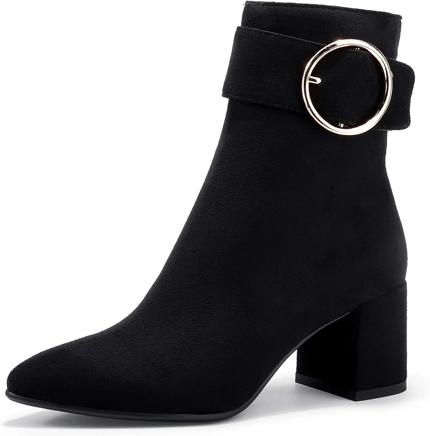 IDIFU Women Dressy Chunky Heel Ankle Boots Pointed Toe Metal Ring Zipper Short Booties -Need Half Size UP
