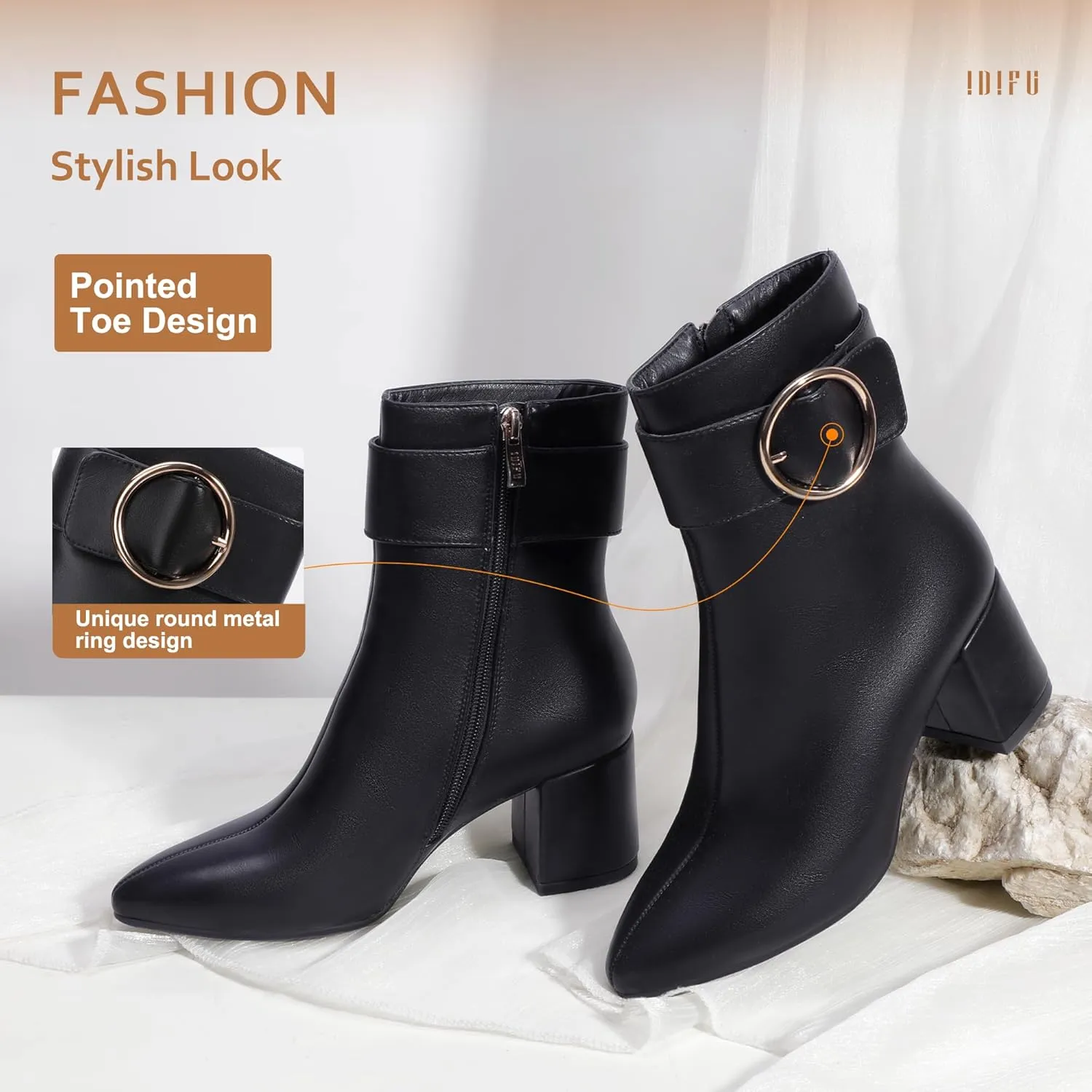 IDIFU Women Dressy Chunky Heel Ankle Boots Pointed Toe Metal Ring Zipper Short Booties -Need Half Size UP