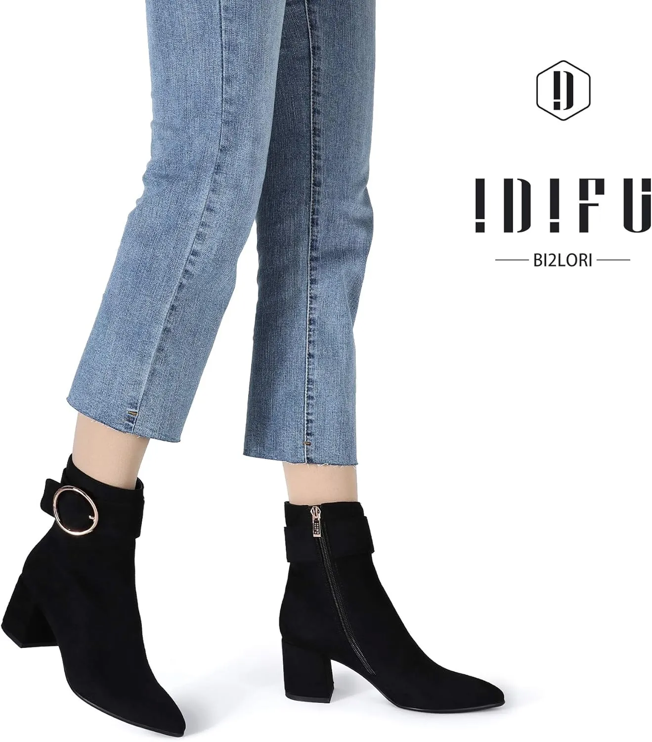 IDIFU Women Dressy Chunky Heel Ankle Boots Pointed Toe Metal Ring Zipper Short Booties -Need Half Size UP