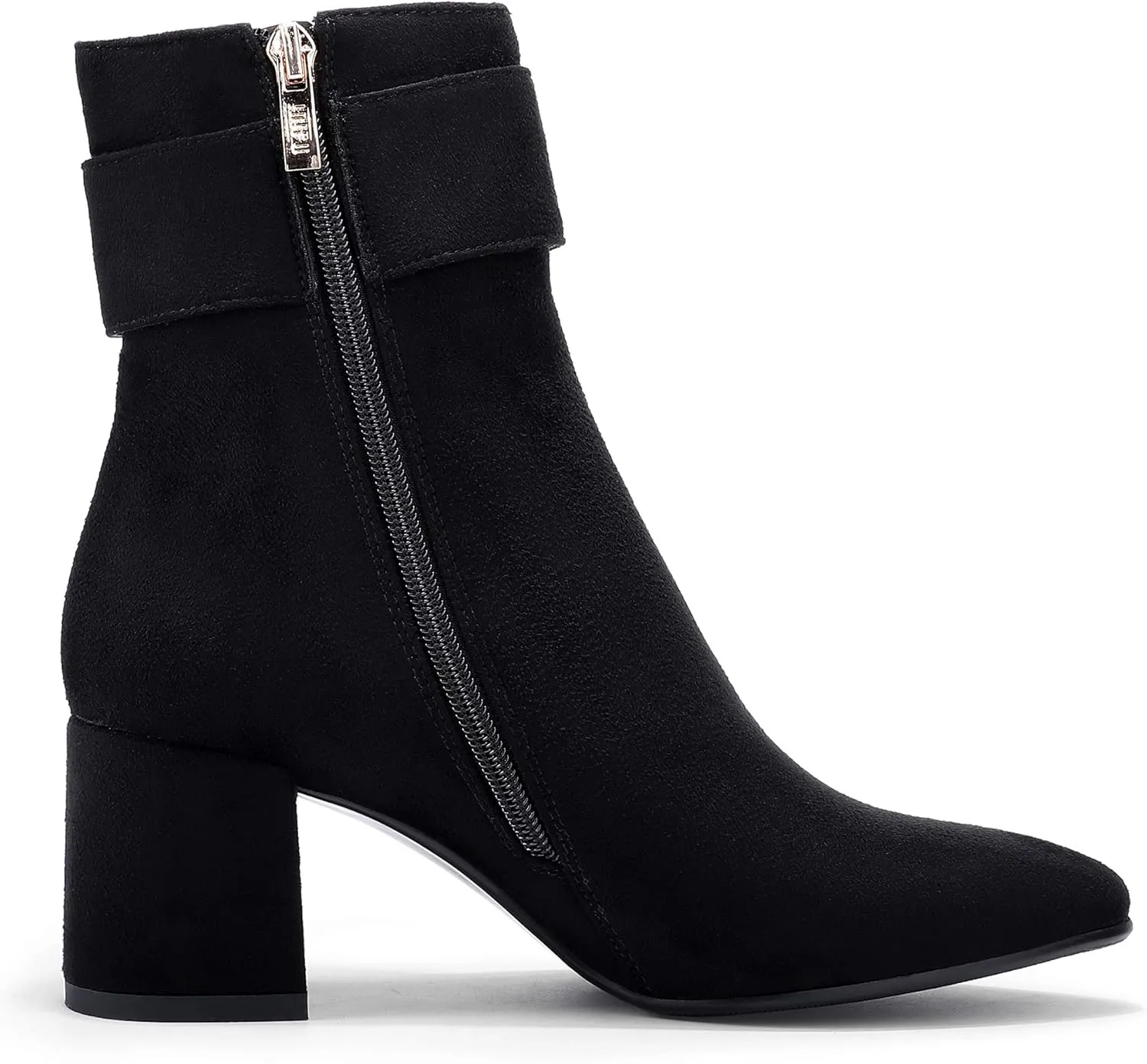 IDIFU Women Dressy Chunky Heel Ankle Boots Pointed Toe Metal Ring Zipper Short Booties -Need Half Size UP
