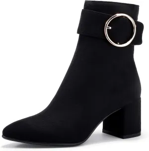 IDIFU Women Dressy Chunky Heel Ankle Boots Pointed Toe Metal Ring Zipper Short Booties -Need Half Size UP