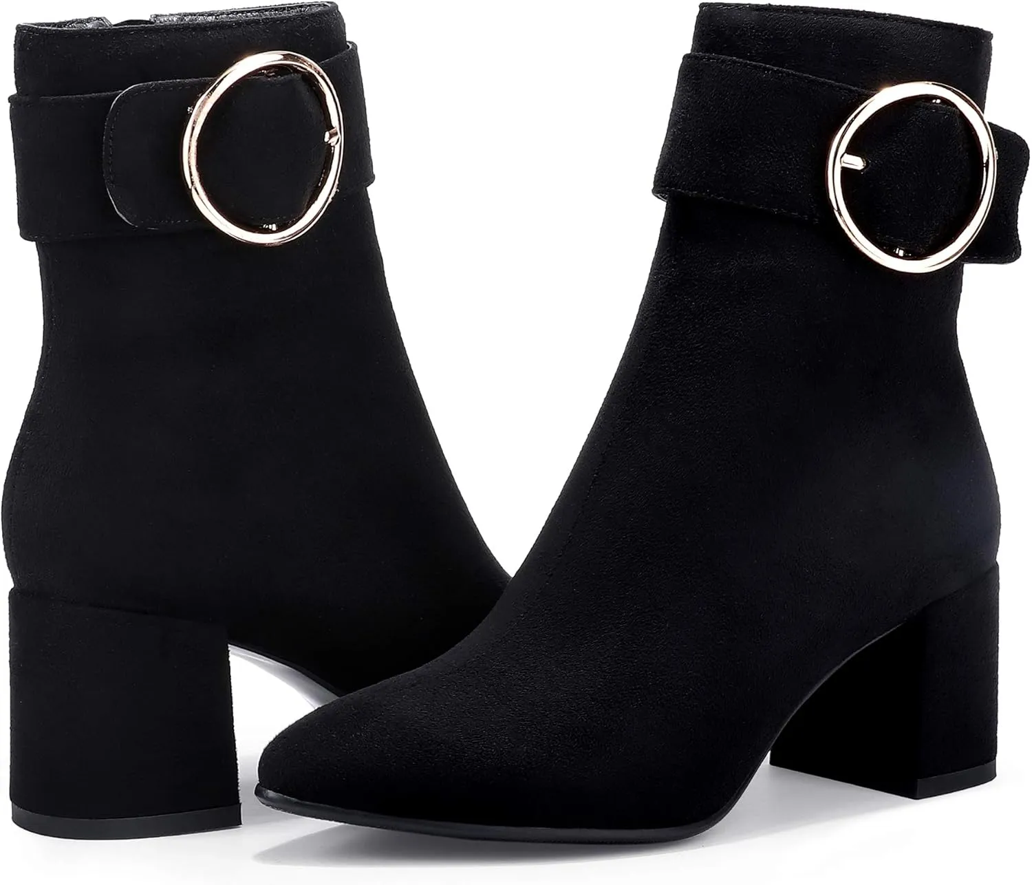 IDIFU Women Dressy Chunky Heel Ankle Boots Pointed Toe Metal Ring Zipper Short Booties -Need Half Size UP