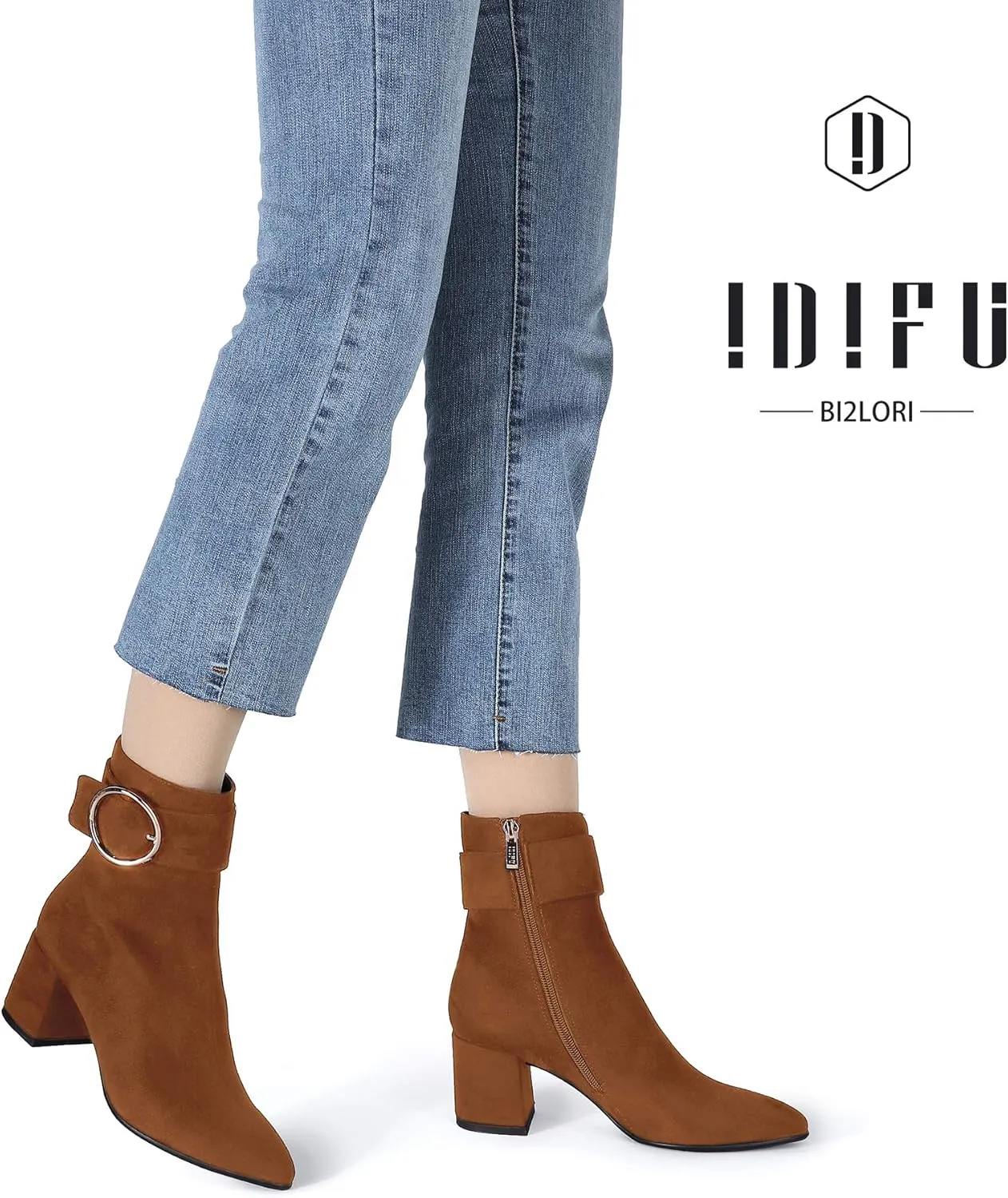 IDIFU Women Dressy Chunky Heel Ankle Boots Pointed Toe Metal Ring Zipper Short Booties -Need Half Size UP