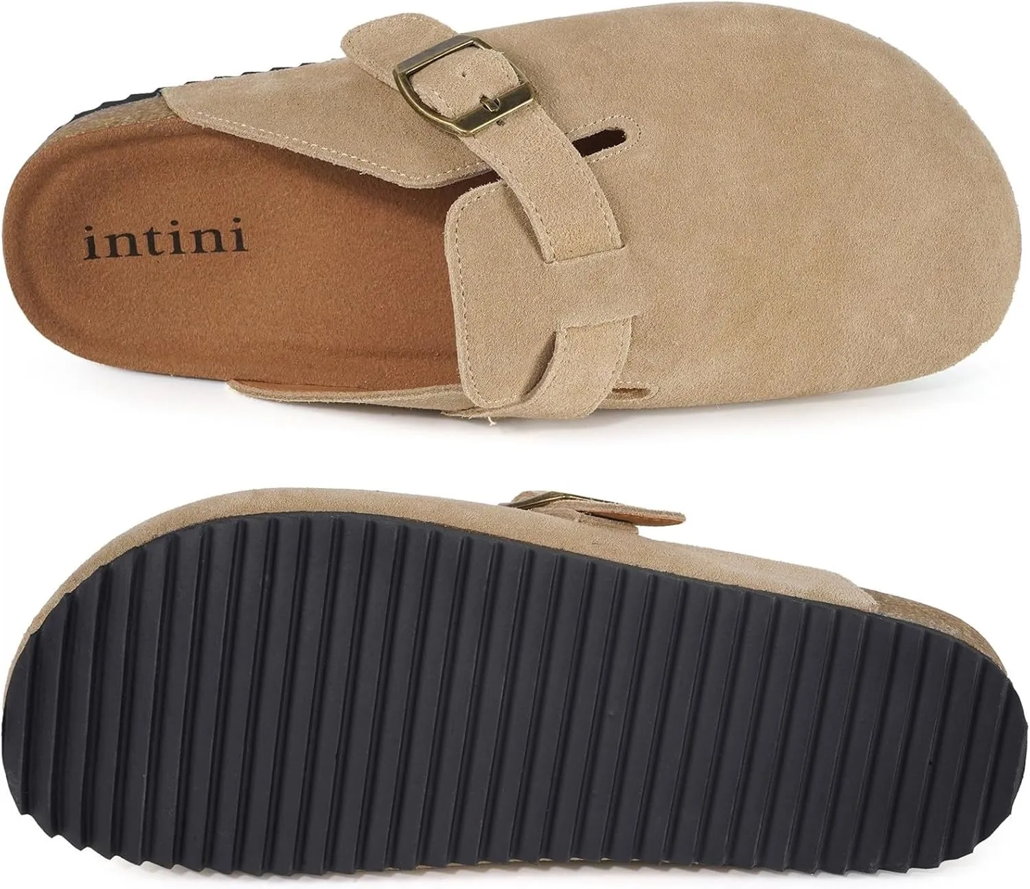 Intini Womens Suede Clogs Mens Leather Mules Cork Footbed Sandals with Arch Support