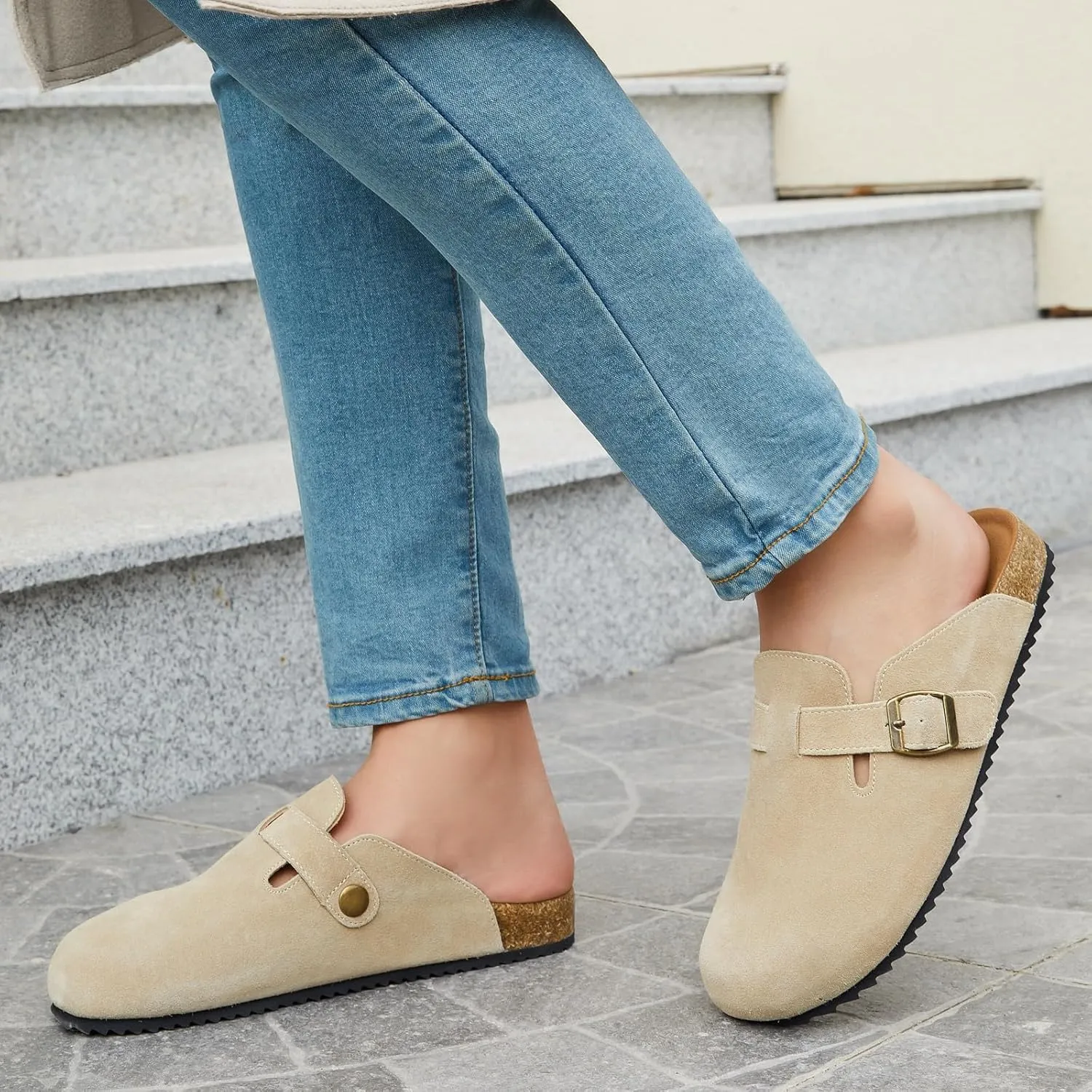 Intini Womens Suede Clogs Mens Leather Mules Cork Footbed Sandals with Arch Support
