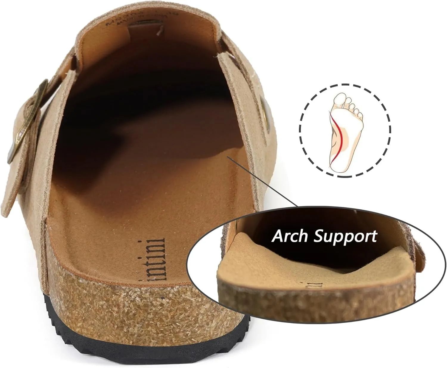 Intini Womens Suede Clogs Mens Leather Mules Cork Footbed Sandals with Arch Support