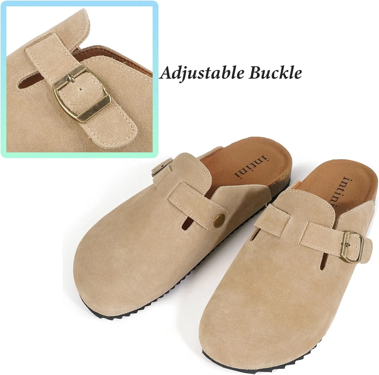 Intini Womens Suede Clogs Mens Leather Mules Cork Footbed Sandals with Arch Support