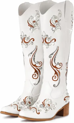 IUV Cowboy Boots for Women Sparkly Rhinestone Cowgirl Boots with Embroidery,Pointed Toe Chunky Knee High Western Boots