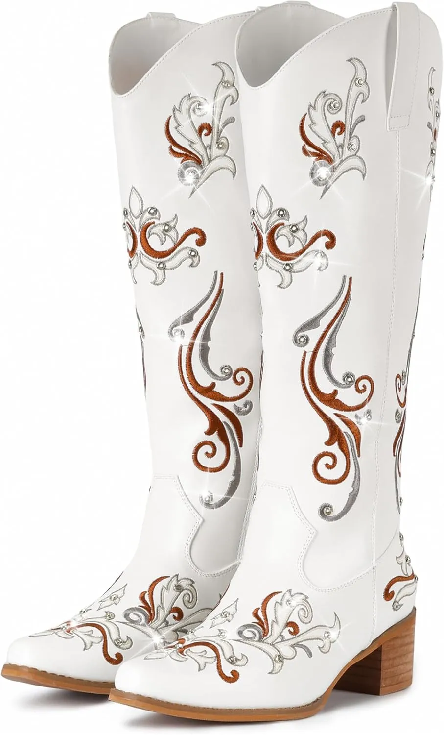 IUV Cowboy Boots for Women Sparkly Rhinestone Cowgirl Boots with Embroidery,Pointed Toe Chunky Knee High Western Boots