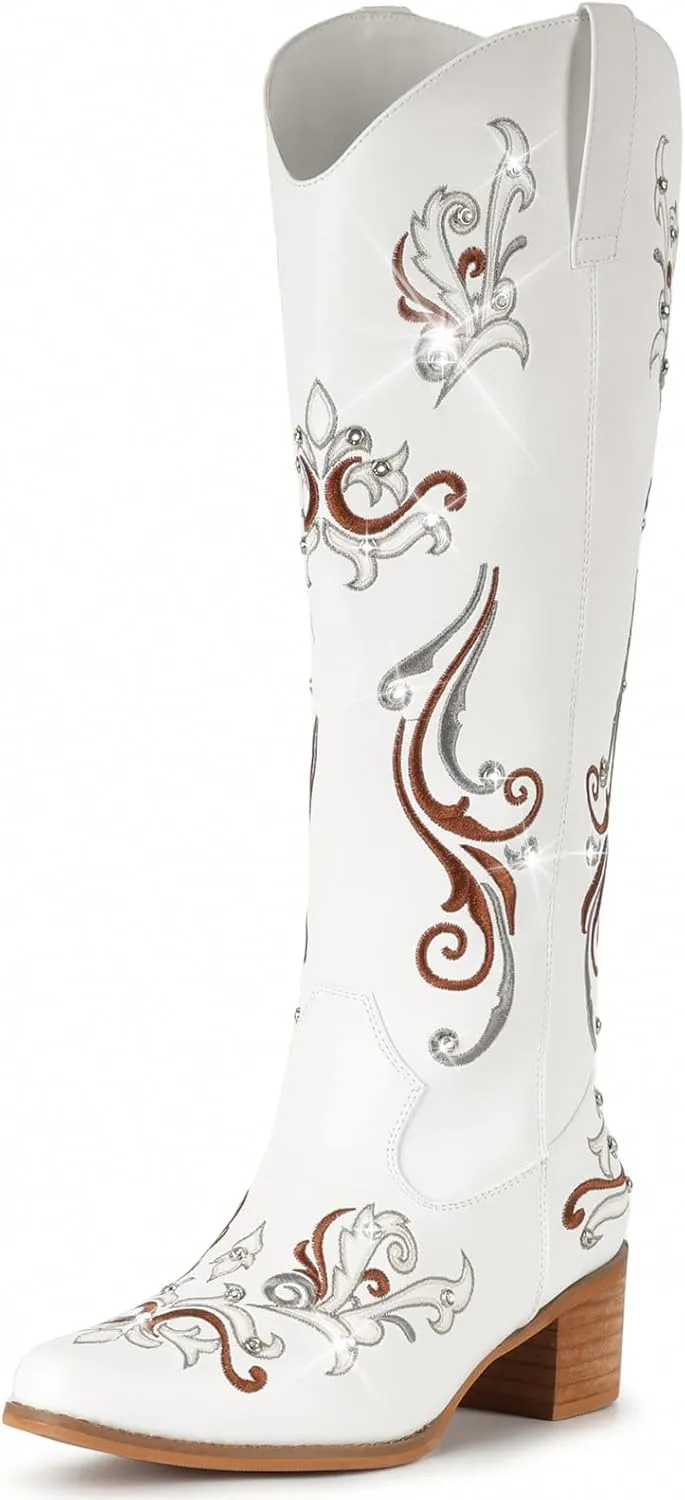 IUV Cowboy Boots for Women Sparkly Rhinestone Cowgirl Boots with Embroidery,Pointed Toe Chunky Knee High Western Boots