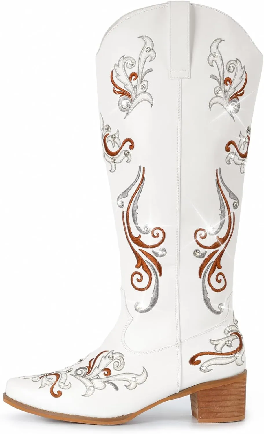 IUV Cowboy Boots for Women Sparkly Rhinestone Cowgirl Boots with Embroidery,Pointed Toe Chunky Knee High Western Boots