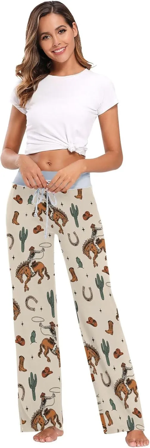 J JOYSAY Cowboys Horses Cactus Boots Pajama Pants Women Wide Leg Lounge Yoga Pants Tall PJ Bottoms