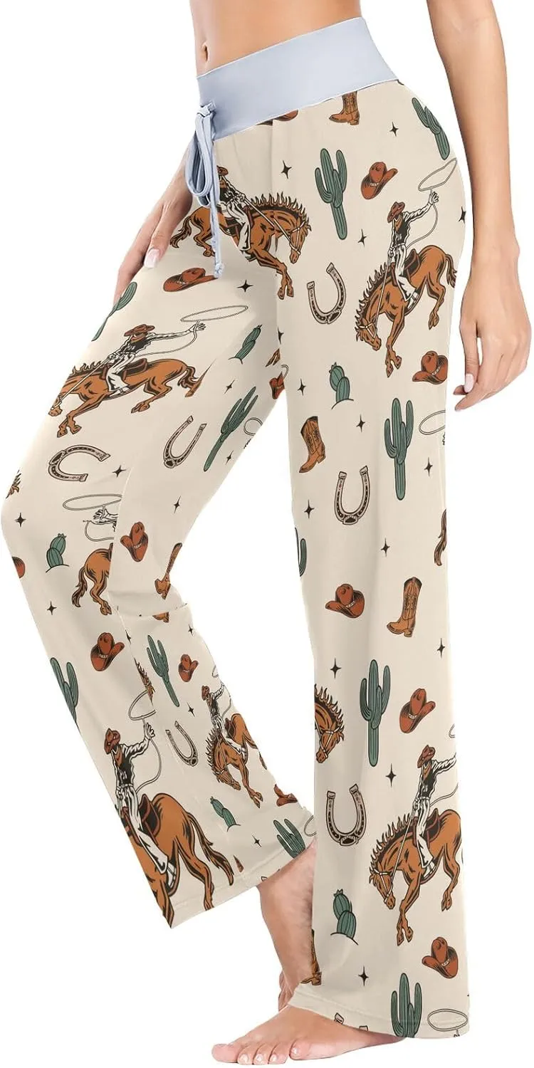 J JOYSAY Cowboys Horses Cactus Boots Pajama Pants Women Wide Leg Lounge Yoga Pants Tall PJ Bottoms