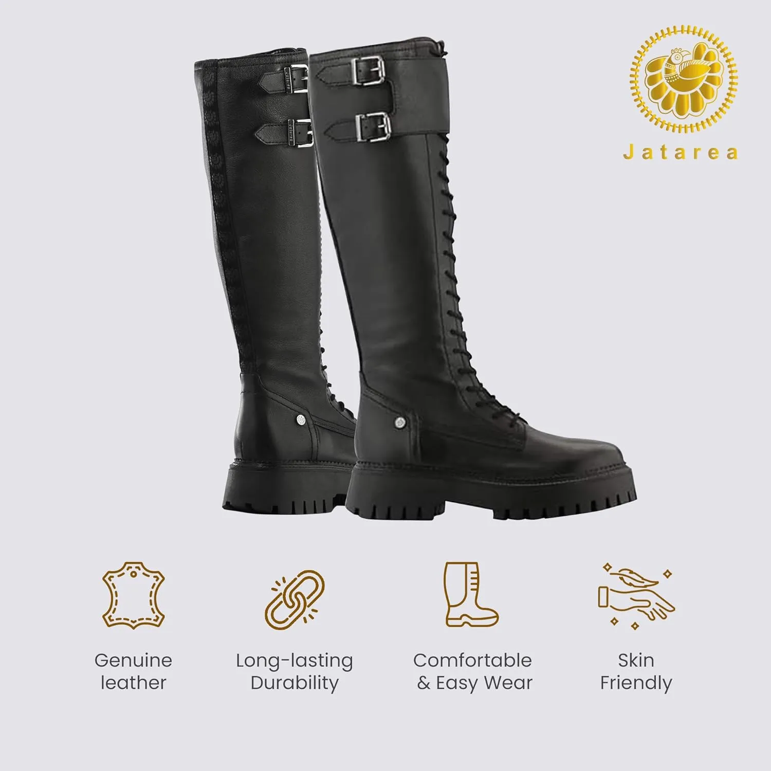 JATAREA Women's Leather Knee-High Boots - Stylish Block Heel - Comfortable Bootie for Females - Cushioned Insole for Comfort - Durable and Versatile Design