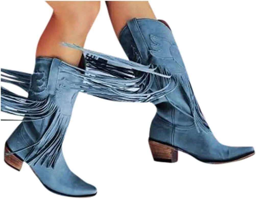 JITUUE Mid calf boots for women Western Tassel Retro Cowboy Pointed Toe Low-Heeled Moccasin Shoes Fashion Western Knight Booties