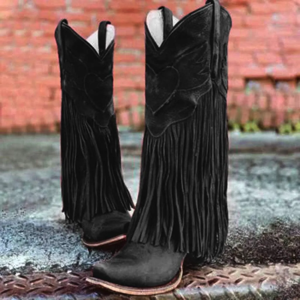 JITUUE Mid calf boots for women Western Tassel Retro Cowboy Pointed Toe Low-Heeled Moccasin Shoes Fashion Western Knight Booties