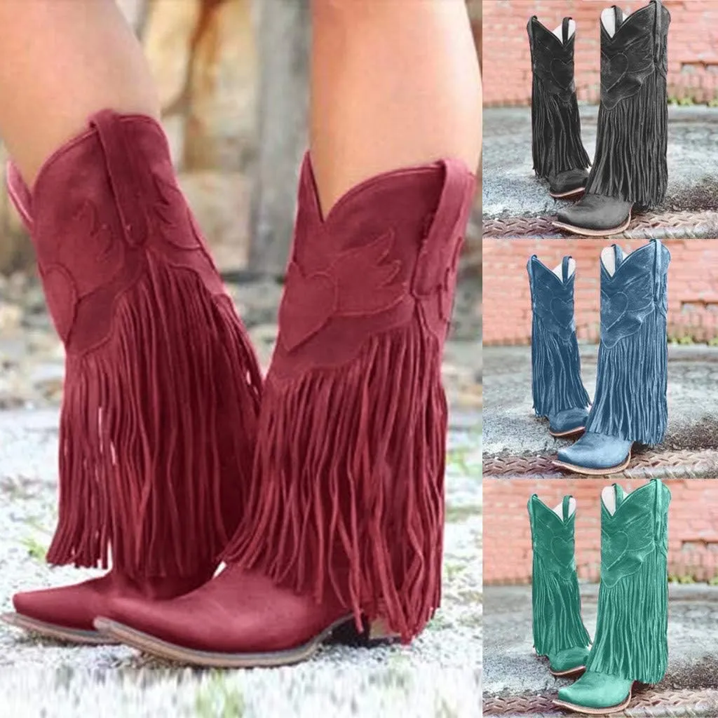 JITUUE Mid calf boots for women Western Tassel Retro Cowboy Pointed Toe Low-Heeled Moccasin Shoes Fashion Western Knight Booties