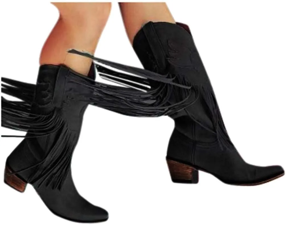 JITUUE Mid calf boots for women Western Tassel Retro Cowboy Pointed Toe Low-Heeled Moccasin Shoes Fashion Western Knight Booties