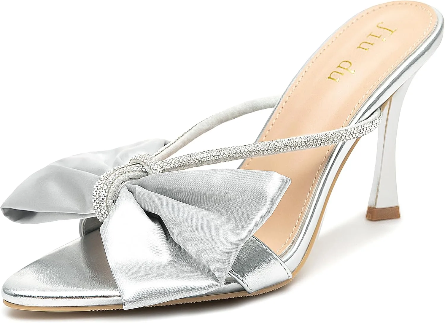Jiu du Women's Bow Heels Sandals Rhinestone Kitten High Heels Pointed Toe Slip On Mules Heels Wedding Party Dress Pumps