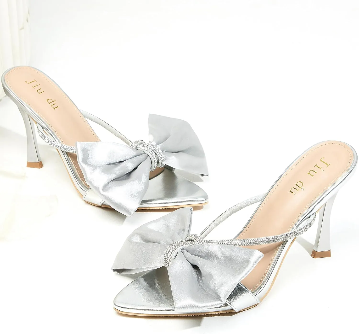 Jiu du Women's Bow Heels Sandals Rhinestone Kitten High Heels Pointed Toe Slip On Mules Heels Wedding Party Dress Pumps