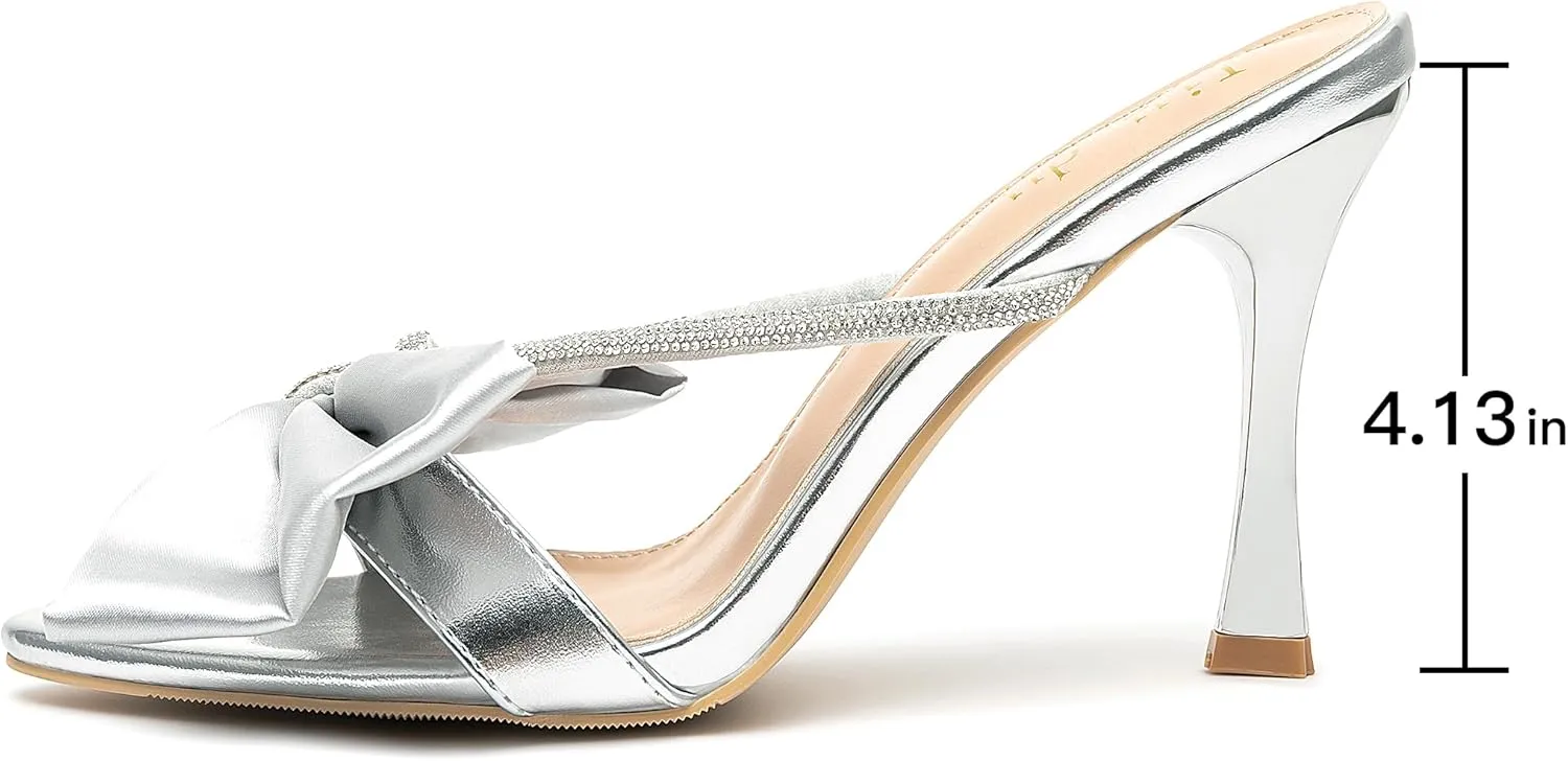 Jiu du Women's Bow Heels Sandals Rhinestone Kitten High Heels Pointed Toe Slip On Mules Heels Wedding Party Dress Pumps