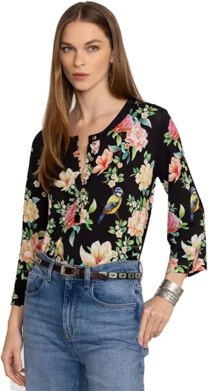 Johnny Was Janie Favorite Button Front Tunic Birdie Black Floral Top Shirt New